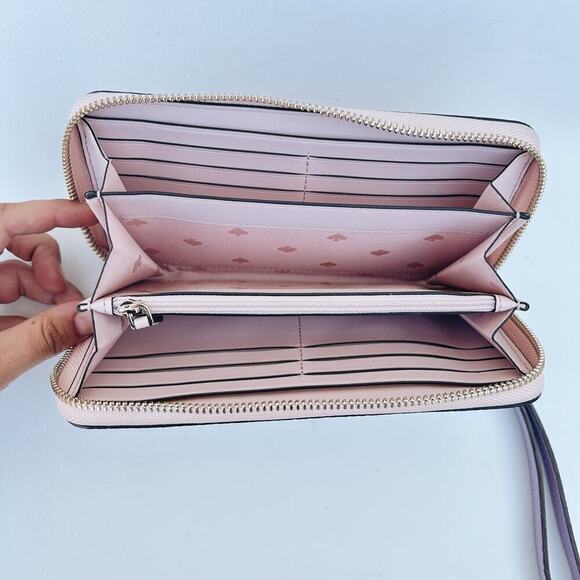 Kate Spade Ella Zip Around Pebbled Leather Logo Wallet Pink Glitter Continental - Picture 10 of 11